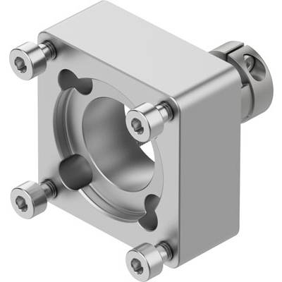 Metalowy blok łożyskowy z cylindrycznym otworem pośrodku oraz czterema śrubami mocowanymi w narożnikach.