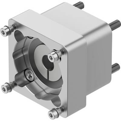 Srebrny element mechaniczny o kształcie cylindrycznym z kilkoma śrubami, prawdopodobnie część jakiegoś urządzenia technicznego.