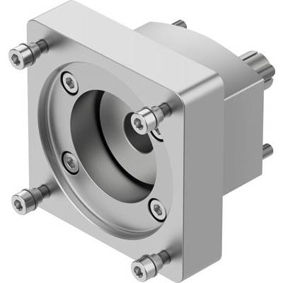 Srebrny element metalowy z śrubami w narożnikach i okrągłym otworem pośrodku, prawdopodobnie część jakiejś maszyny.