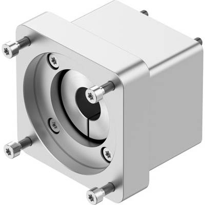 Srebrny adapter metalowy o kwadratowej podstawie z okrągłymi wycięciami, zamocowany czterema śrubami w narożnikach.