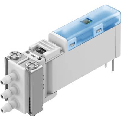 Elektryczny element z trzema białymi złączami i górną, przezroczystą, niebieską obudową, przedstawia zawór.