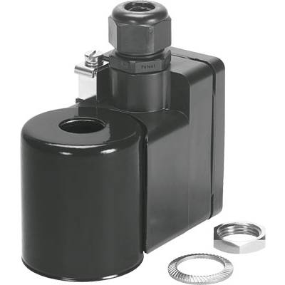 Czarny elektromagnetyczny zawór z obudową cylindryczną i adapterem przyłączeniowym.