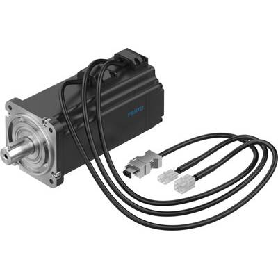 Czarny silnik elektryczny z wieloma przewodami przyłączeniowymi leży na białej powierzchni. Na silniku widoczna jest marka 'Festo'.
