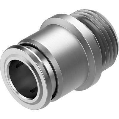 Metalowy element przyłączeniowy z gwintem po prawej stronie i gładkim, cylindrycznym otworem po lewej stronie.