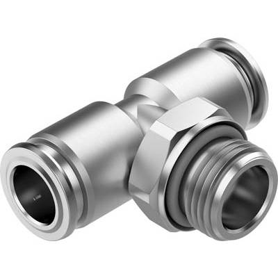 Metalowe złącze trójnikowe, które łączy dwa przewody rurowe. Odpowiednie do systemów hydraulicznych lub pneumatycznych.