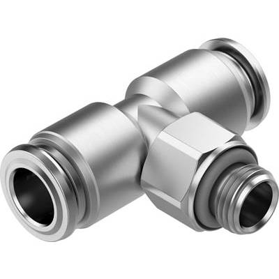 Metalowe złącze trójdrożne z trzema otworami; sekcje cylindryczne i sześciokątne, design przemysłowy.
