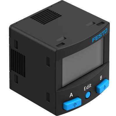 Elektroniczny moduł sterujący w kształcie kostki z wyświetlaczem i trzema przyciskami. Oznaczony napisami 'Festo', 'Edit', 'A' i 'B'. Używany do sterowania procesami.