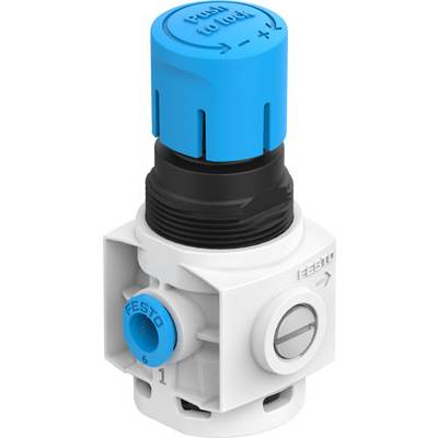 Biały i niebieski element mechaniczny firmy FESTO, prawdopodobnie regulator ciśnienia, z pokrętłem regulacyjnym na górze i strzałkami oznaczającymi kierunek na boku.