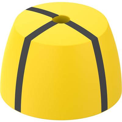Żółty, stożkowaty element Lego z trzema czarnymi paskami biegnącymi pionowo od góry do dołu. Posiada centralne otworzenie.