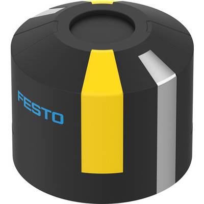 Czarny cylindryczny przedmiot z żółtymi, białymi i szarymi paskami oraz niebieskim logo 'FESTO', prawdopodobnie urządzenie techniczne.