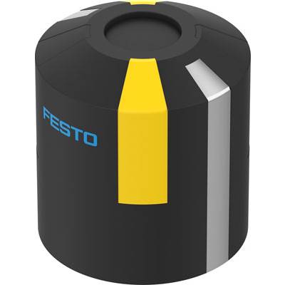 Czarno-żółty cylinder z szarymi detalami i niebieskim napisem 'Festo' z boku.