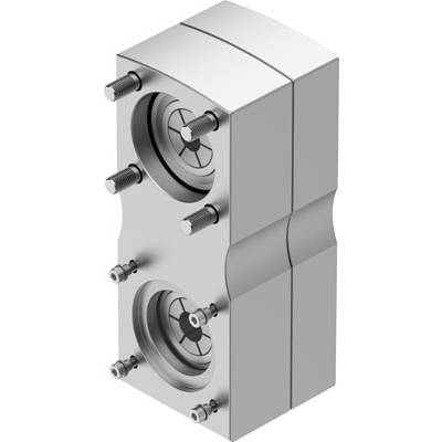 Metalowy blok hydrauliczny z wieloma przyłączami, prawdopodobnie przeznaczony do systemów zaworowych lub regulatorów ciśnienia w kontekście przemysłowym.