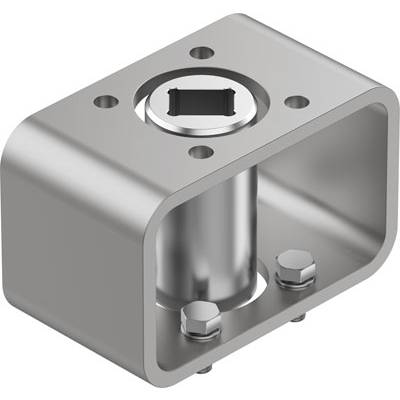 Metalowy uchwyt z cylindryczną podstawą i prostokątną pokrywą, służący do mocowania elementów mechanicznych.