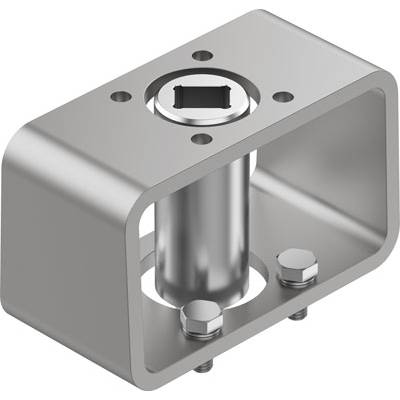 Metalowy element łączący, prostokątny, z centralnym cylindrem i kilkoma otworami mocującymi, służący do mechanicznego połączenia części.