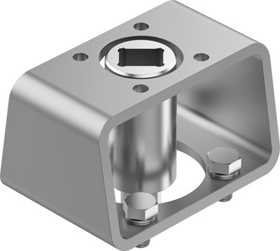 Adapter kątowy metalowy z dwoma śrubami mocującymi i kwadratowym złączem u góry. Odpowiedni do zastosowań przemysłowych.