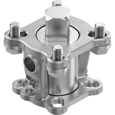 Srebrny element metalowy o sześciokątnej podstawie z czterema śrubami w narożnikach. Jest to część mechaniczna stosowana w urządzeniach technicznych.