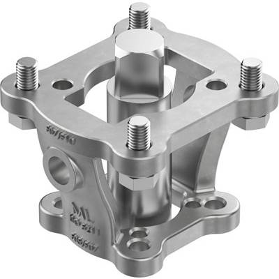 Metalowy element konstrukcyjny z cylindrycznym rdzeniem i kwadratową płytą, zamocowany czterema śrubami w narożnikach.
