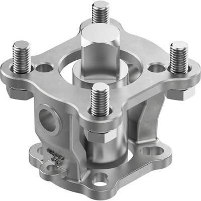 Metalowy element maszynowy z czterema śrubami, centralnym cylindrem i płaską podstawą, prawdopodobnie przeznaczony do połączenia mechanicznego lub montażu.