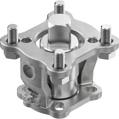 Srebrny element metalowy z cylindryczną częścią środkową i czterema śrubami w narożnikach, prawdopodobnie część maszyny.
