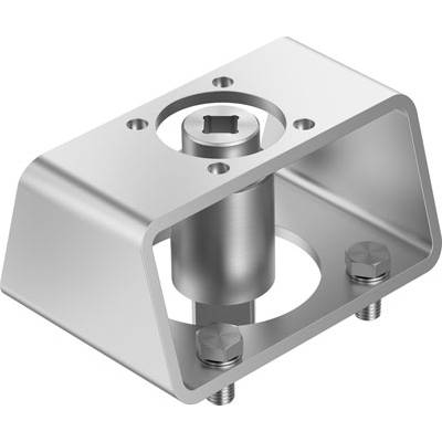 Metalowy uchwyt z prostokątną ramą, centralnym cylindrem i trzema śrubami mocującymi.