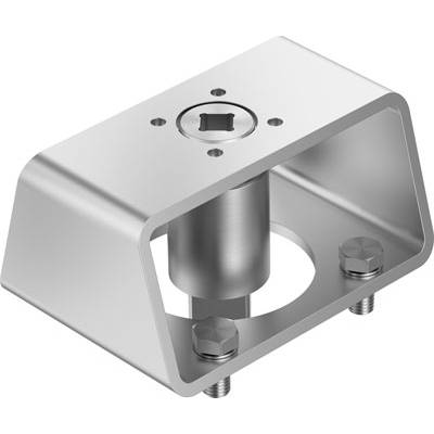 Element metalowy z prostokątną ramą i cylindryczną częścią środkową. Na górze i dole widoczne są śruby.