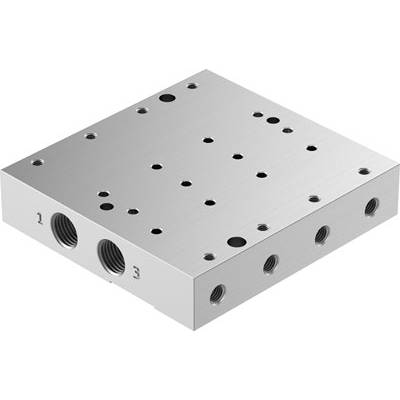 Metalowa płyta kwadratowa z wieloma otworami i przyłączami. Wygląda na element techniczny lub adapter.