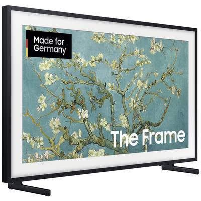 Telewizor z obrazem kwitnących gałązek na niebieskim tle. W lewym górnym rogu napis 'Made for Germany', w prawym dolnym rogu 'The Frame'.