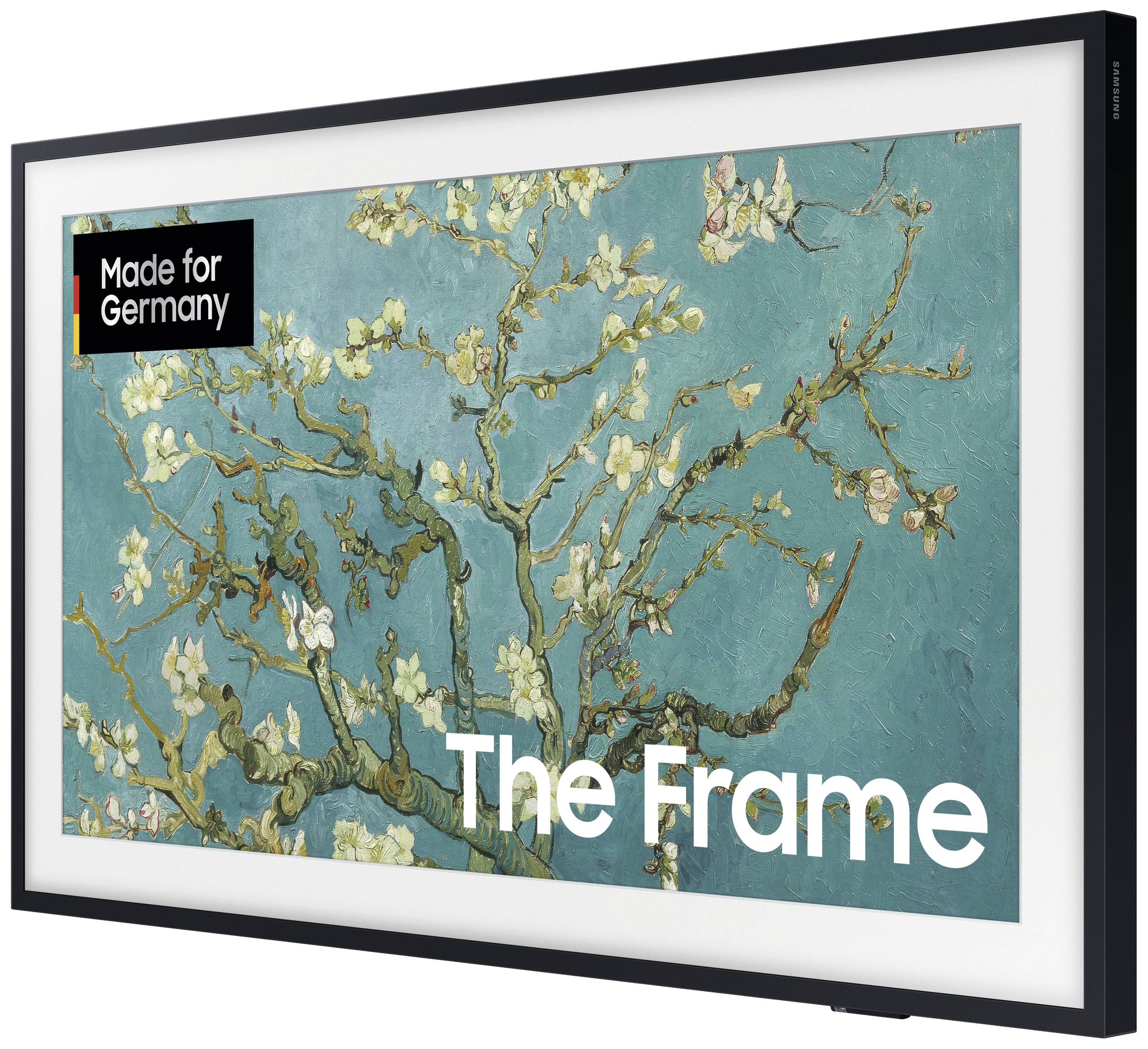 Obraz kwitnącej gałęzi wiśni na turkusowym tle. Tekst: 'The Frame', 'Made for Germany'.