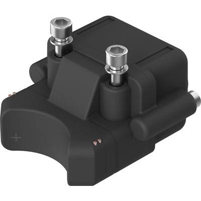 Czarny element elektroniczny z dwoma metalowymi przyłączami na górze, prawdopodobnie cewka zapłonowa do pojazdów.