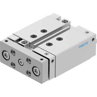 Srebrny pneumatyczny cylinder prowadnic z niebieskim napisem 'Festo', przedstawiający otwory mocujące i szyny prowadzące.
