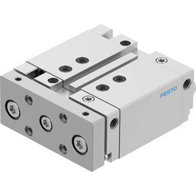 Obraz przedstawia liniowy cylinder pneumatyczny firmy Festo, który często jest stosowany w systemach automatyzacji do precyzyjnego przemieszczania.