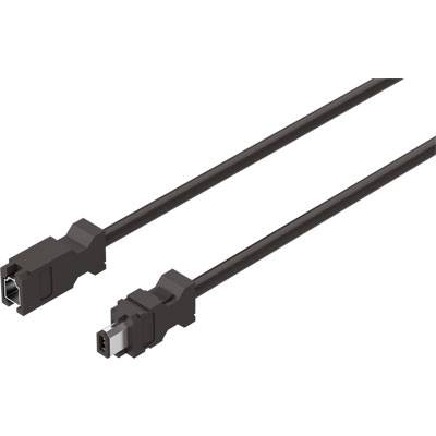 Czarny kabel z prostokątnymi wtyczkami na obu końcach, prawdopodobnie do połączeń transmisji danych, na białym tle.