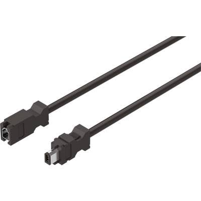 'Dwa czarne kable FireWire o różnych wtyczkach, jedna kwadratowa, a druga trapezowa.'