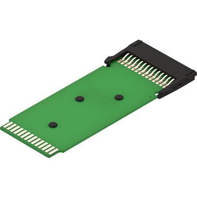 Zielona płytka drukowana PCB z czarnymi złączami i stykami złoconymi, stosowana do połączeń technicznych i transmisji danych.