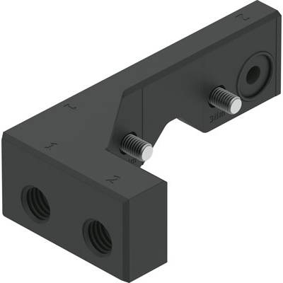 Czarna metalowa wspornik w kształcie litery L z czterema otworami gwintowanymi i dwoma wystającymi śrubami, odpowiedni do zastosowań mechanicznych.