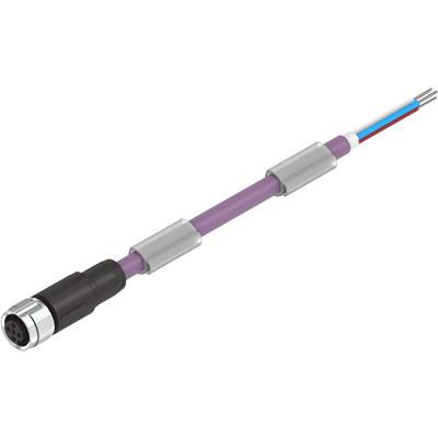 'Fioletowy kabel danych z czarną wtyczką, metalowymi złączami i odkrytymi przewodami miedzianymi na drugim końcu.'