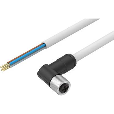 Biały kabel z kątowym złączem i odsłoniętymi przewodami w kolorze niebieskim i brązowym na drugim końcu.