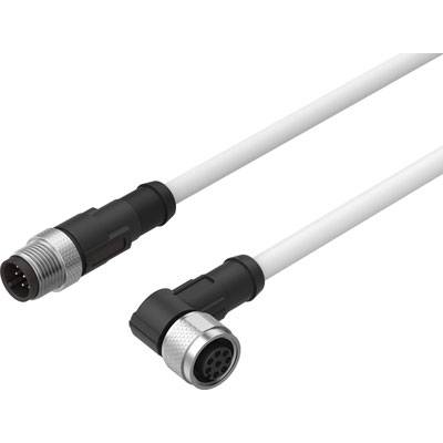 Biały kabel połączeniowy z wtyczką prostą i kątową, obie wykonane z czarnych i srebrnych elementów metalowych.