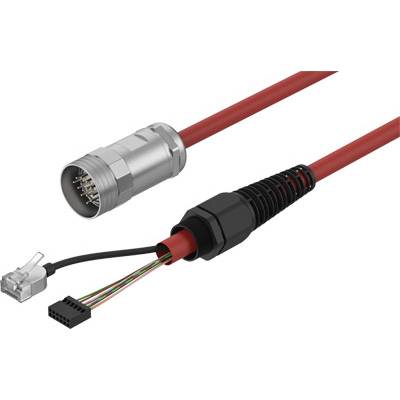 Dwa złącza kablowe: Po lewej okrągły, metaliczny adapter wtykowy z wieloma stykami, po prawej czerwono-czarny adapter kablowy.