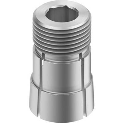 Element metalowy z gwintem, o kształcie cylindrycznym i rowkach. Możliwość zastosowania w zastosowaniach mechanicznych lub przemysłowych.