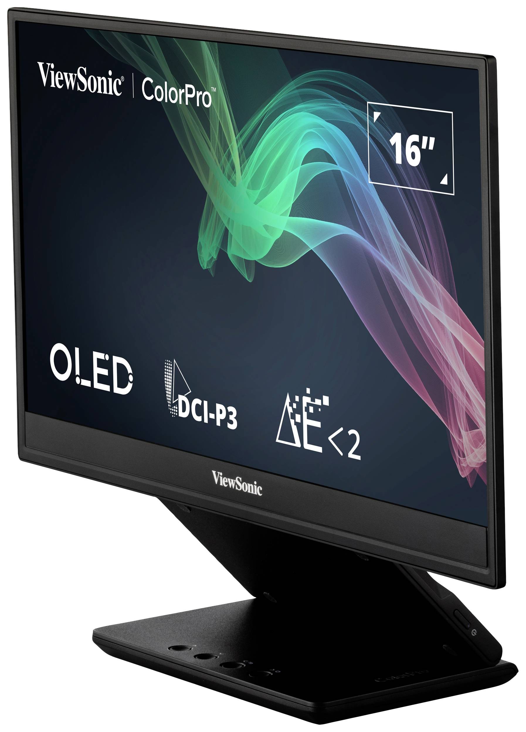 Monitor OLED ViewSonic ColorPro o przekątnej 16 cali, wyświetlający kolorowe, wirujące grafiki. Obsługuje przestrzeń barw DCI-P3 i charakteryzuje się energooszczędnym designem.