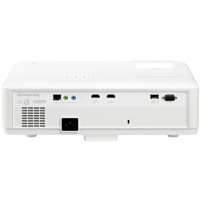 Tylna część projektora z gniazdami: HDMI, VGA, USB, LAN oraz wejściami audio. Widoczna nazwa marki 'ViewSonic'.
