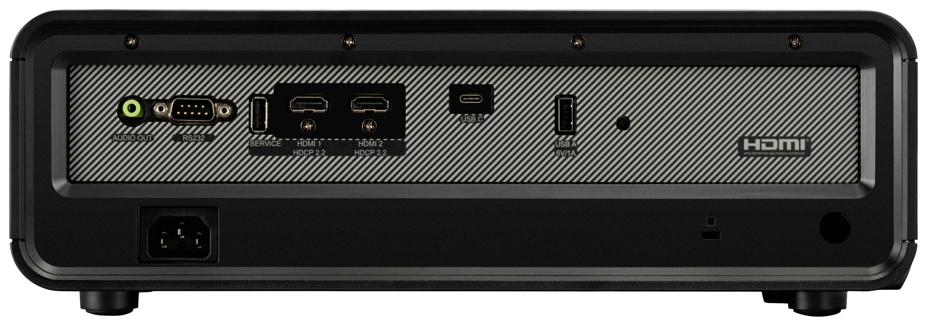 Tylna część urządzenia technicznego z różnymi gniazdami: HDMI, USB, Ethernet i wejściem audio.