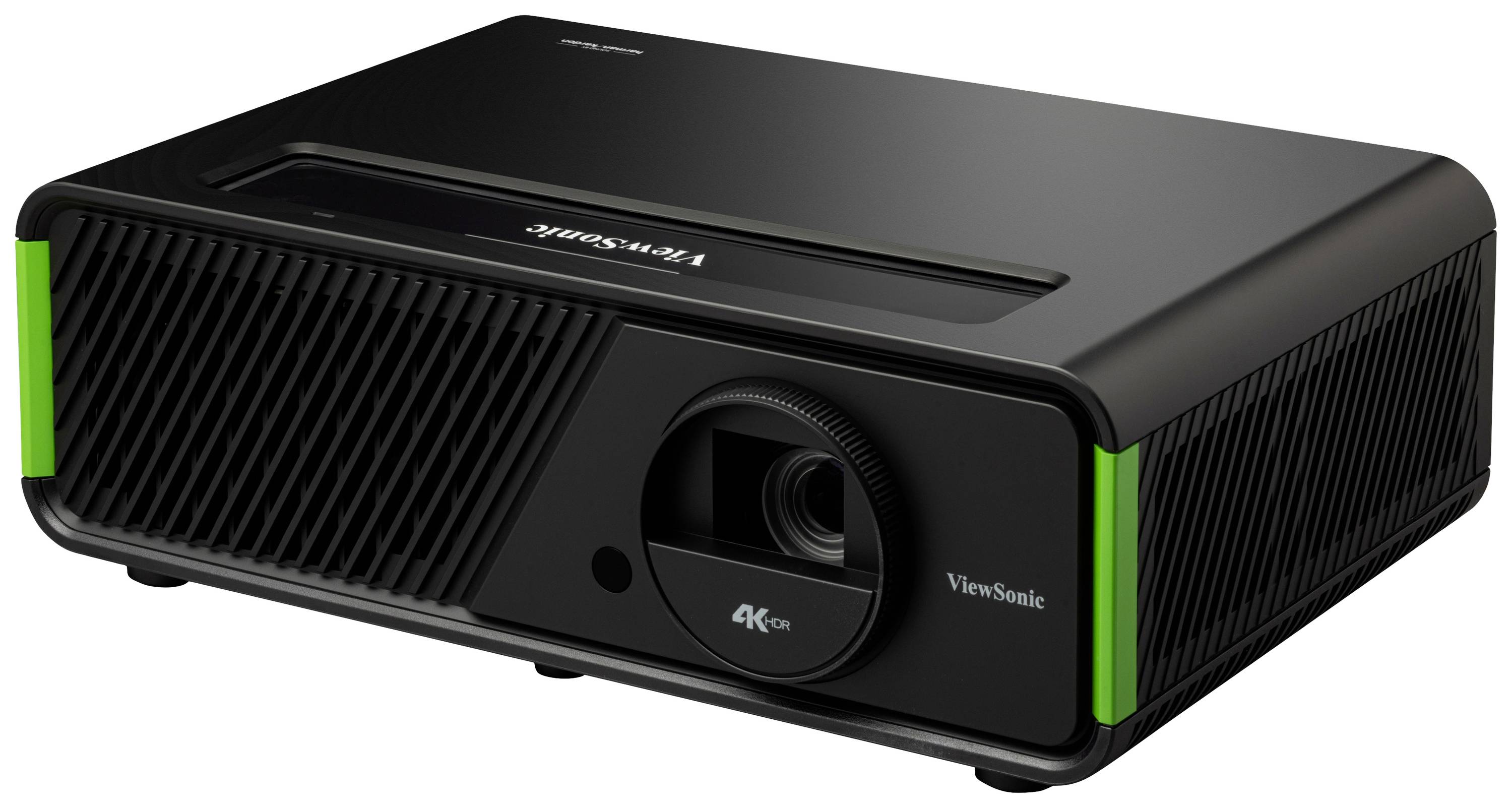 Czarny projektor 4K marki ViewSonic na białym tle, widziany z przodu z widoczną soczewką.