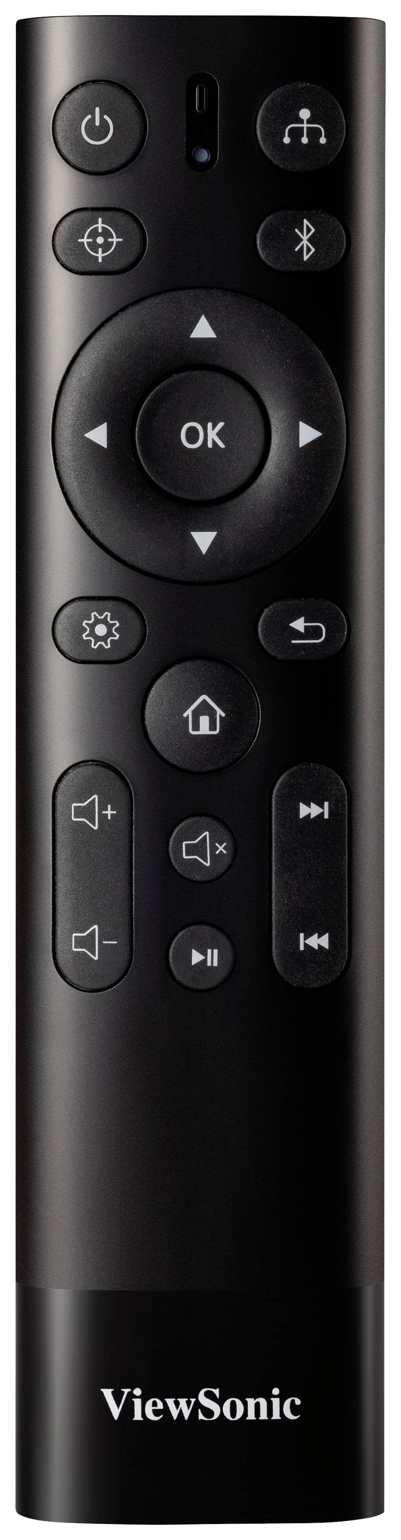 Czarna pilot z przyciskami do regulacji głośności, odtwarzania i nawigacji. Napis u dołu: 'ViewSonic'.