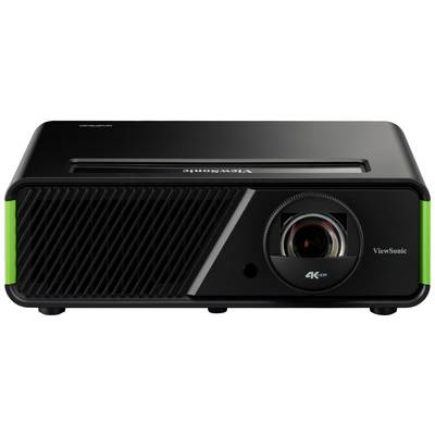 Czarny projektor ViewSonic z rozdzielczością 4K-UHD, z otworami wentylacyjnymi po lewej stronie i dużą soczewką po prawej stronie z przodu.