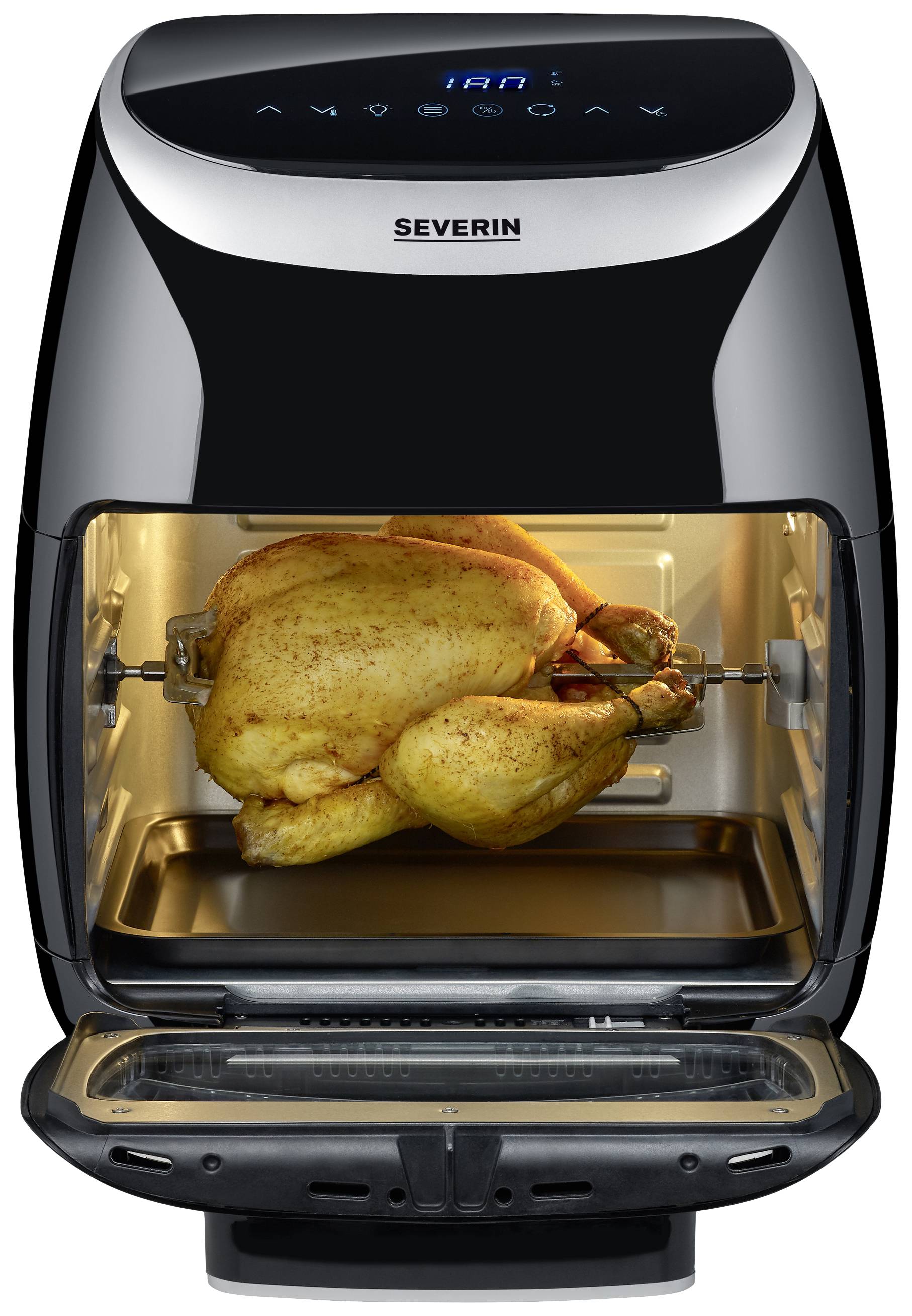 Czarny, nowoczesny piec z oknem, w którym całe kurczę złoto-brązowo się rumieni na rożnie obrotowym. Nazwa marki u góry.