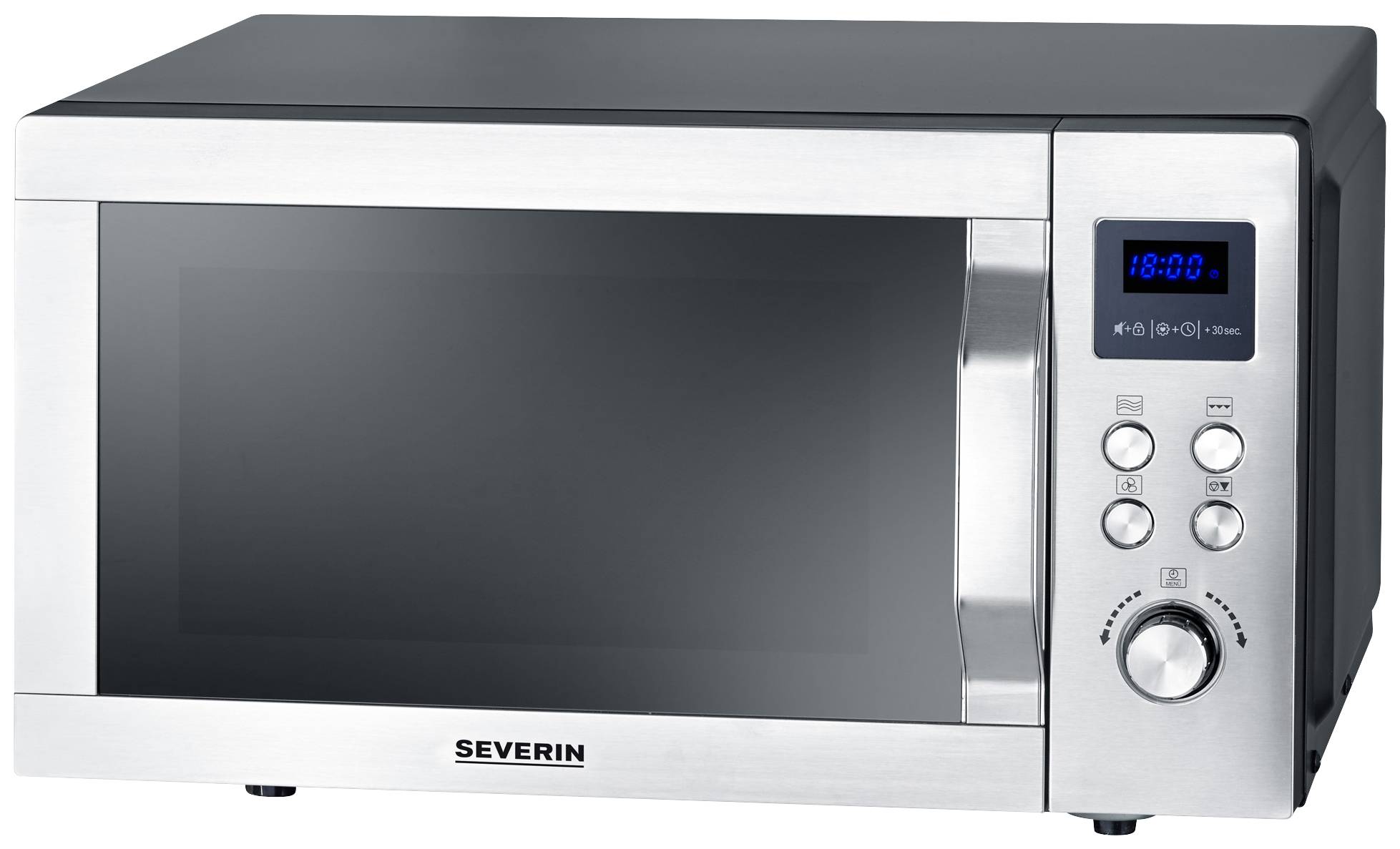 Srebrna mikrofalówka z cyfrowym wyświetlaczem i kilkoma przyciskami sterującymi po prawej stronie, która pokazuje godzinę '18:00'.