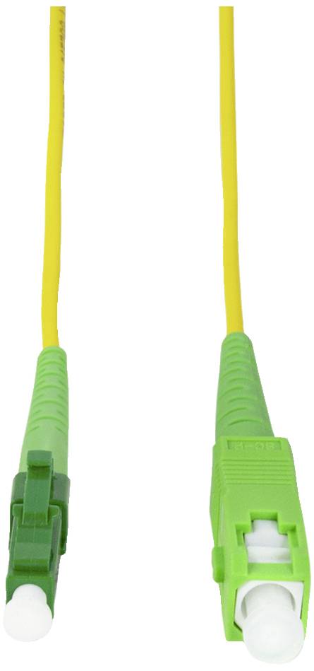 Żółty kabel światłowodowy z dwoma zielonymi wtykami SC, używany do transmisji danych o wysokiej prędkości.