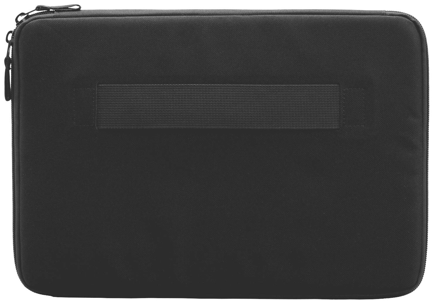 Czarna teczka na laptopa z zamkiem błyskawicznym i uchwytem, idealna do bezpiecznego transportu komputera przenośnego.